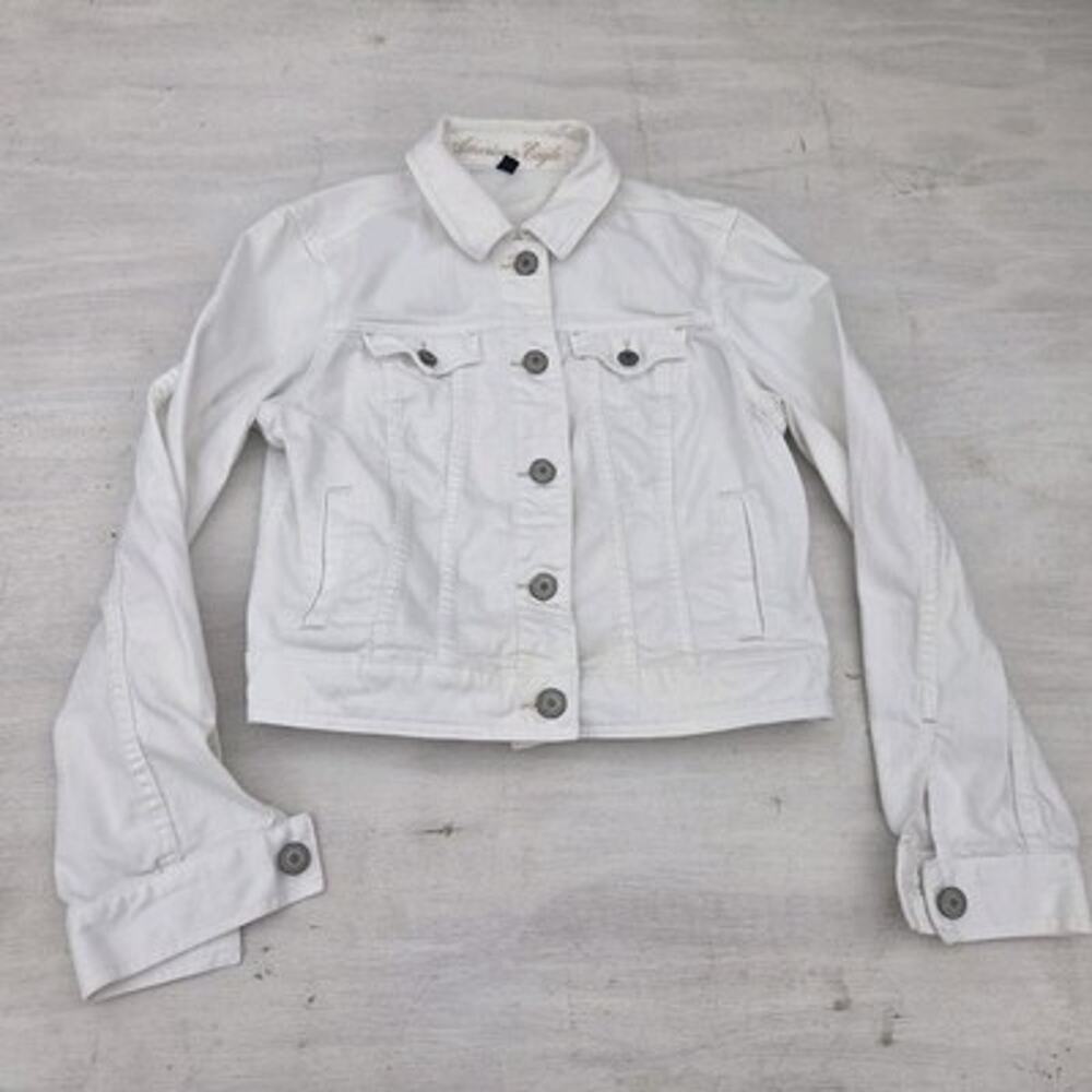 American Eagle Women’s Denim Jacket Size Large White Short Long Sleeve